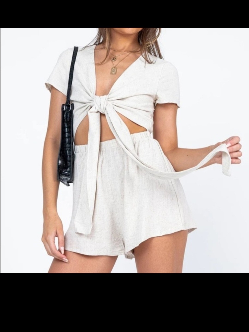 Tie-Front Linen Romper in Natural